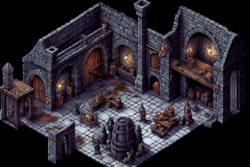 A Midjourney AI generated 32-bit isometric image of a medieval dungeon.