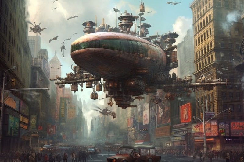 A Midjourney AI generated image of flying cars in Times Square, in steampunk style.