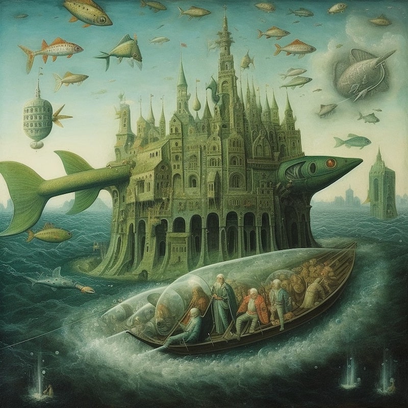 A Midjourney AI generated image of a 15th century priest driving a spaceship under the sea, mad in surrealism.