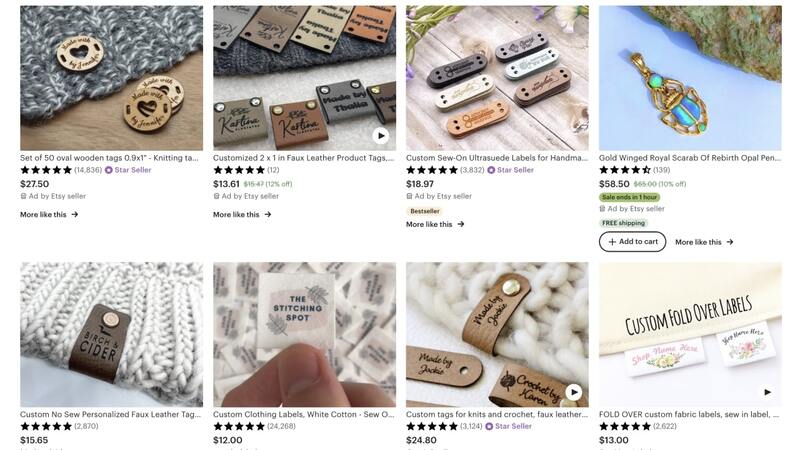 Etsy's top-rated handmade listings – wooden and faux leather tags, pendants, and clothing labels.