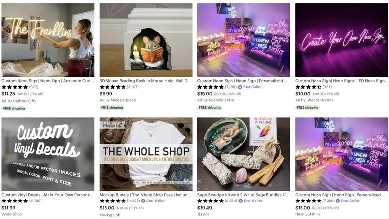 Etsy's top-rated home and living listings – cute 3D-printed mouse hole sticker, vinyl decals, sage bundles, and various neon signs.