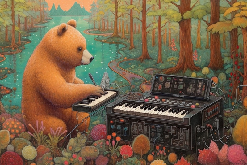 A Midjourney AI generated image of a bear playing a MiniMoog Synthesizer, in naive art.