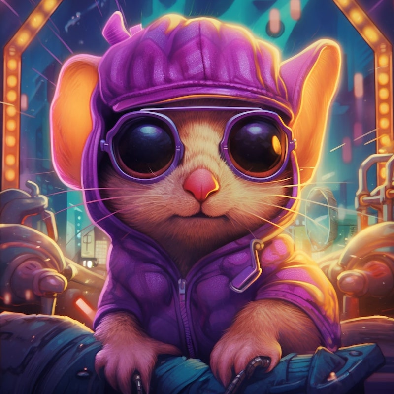 A Midjourney AI generated image of a retrowave portrait of a dormouse mouse.