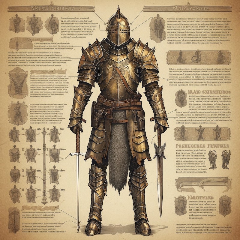 A Midjourney AI generated infographic drawing of a medieval warrior armor.