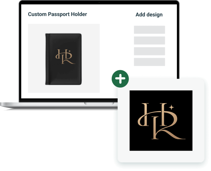 An open laptop showcasing a mockup of a passport holder in black, elegantly personalized with gold-colored initials 'H R' in the center in a stylish font