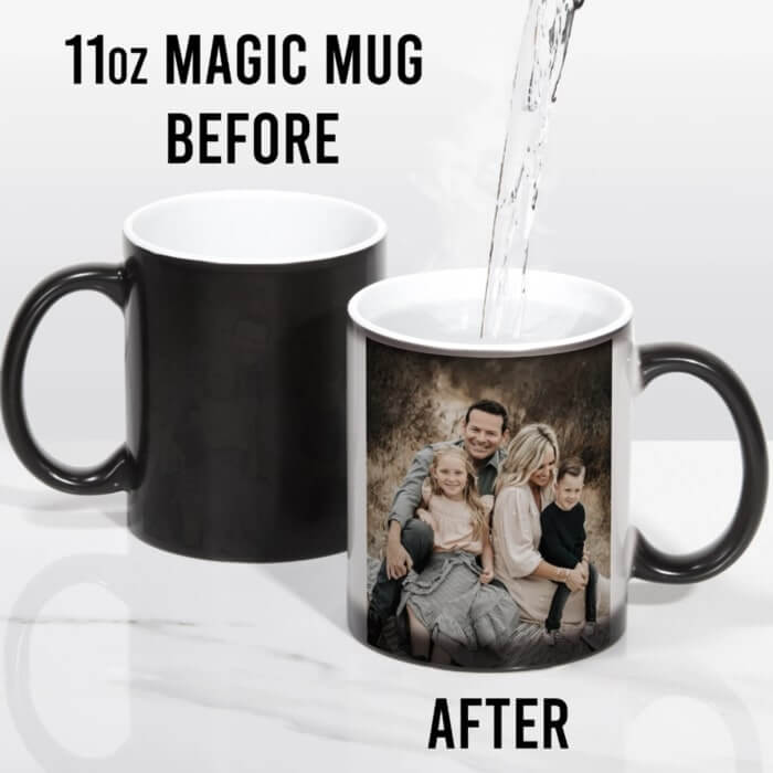 Black 11oz magic mug that reveals a family photo when hot water is poured in.