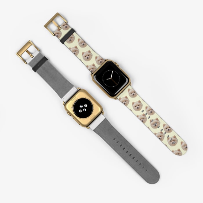 An image of a custom Apple Watch band shown on the inside, and with a fluffy dog pattern on the outside.