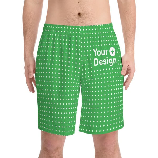 Blank mockup of men's elastic beach shorts and the “Your Design Here” placeholder.