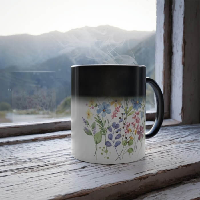 Magic mug that reveals a pattern of delicate wild flowers.