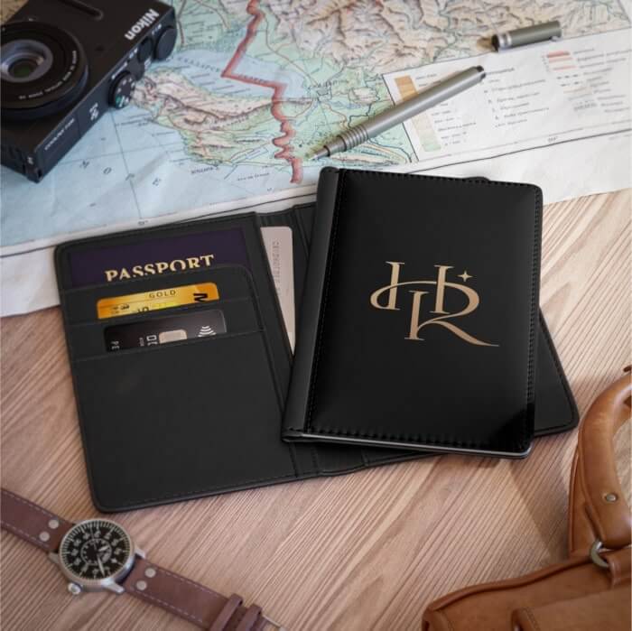 A wooden table adorned with travel essentials: a detailed world map, a sophisticated wristwatch, and an elegant passport holder decorated with a black background and golden initials 'H.R.'in the middle