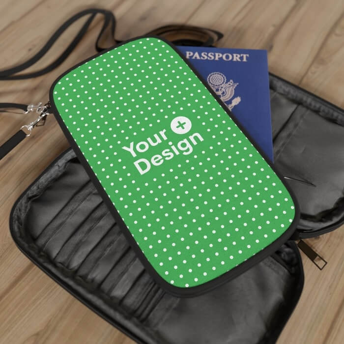 A custom passport wallet with a vivid green all-over-print background, embellished with the words 'Your Design'