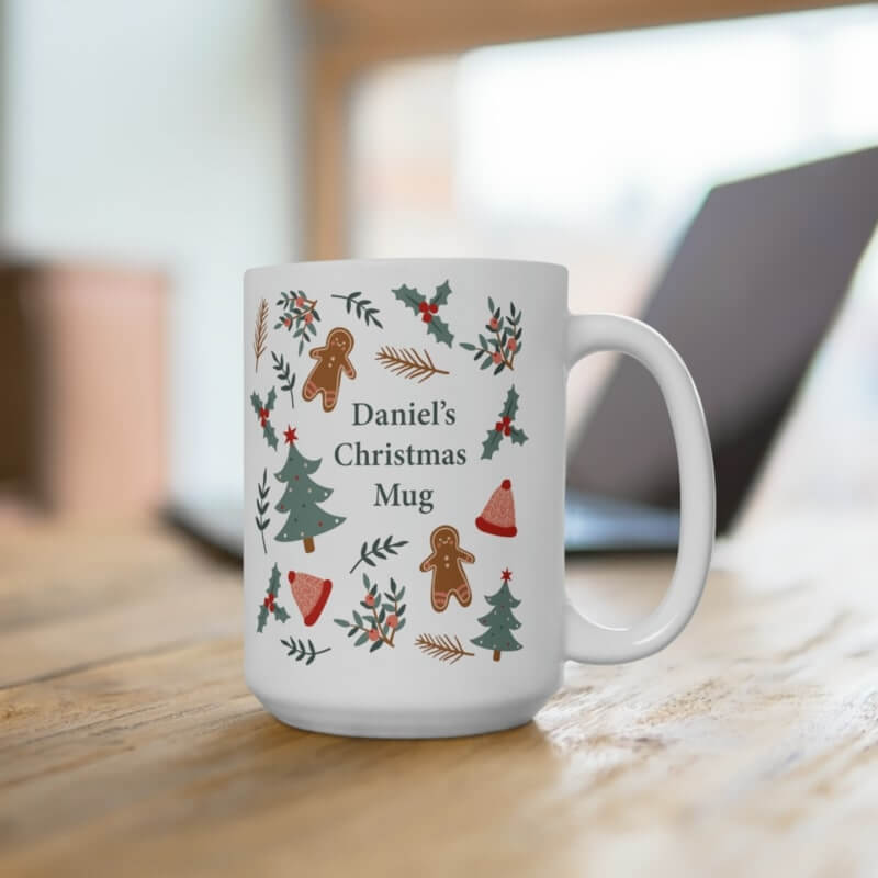 An image of a custom mug with a Christmas print and text.