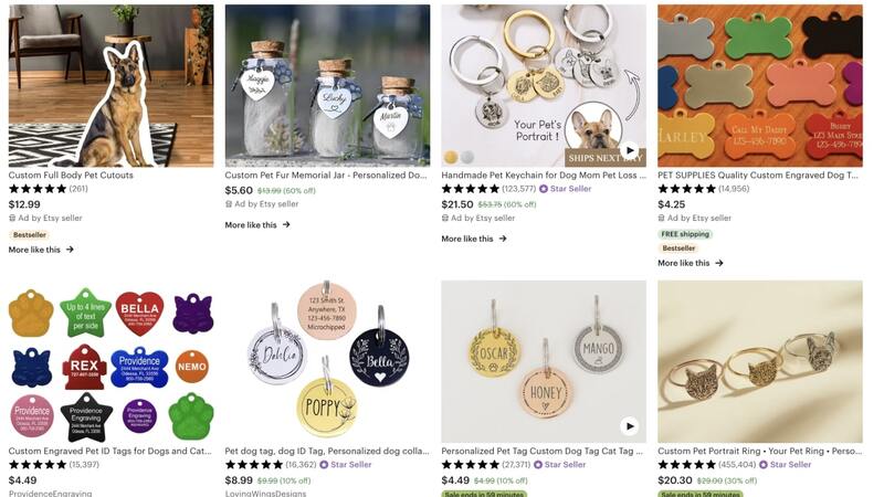 Etsy's top-rated pet supply items – pet fur memorial jars and various custom pet tags.