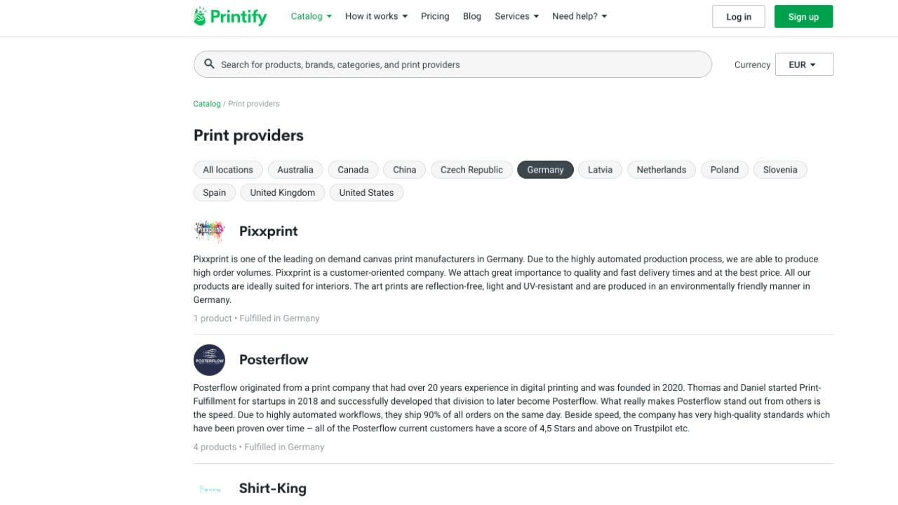 Printify's Print Provider page showing the option to filter Print Providers by country of their location.