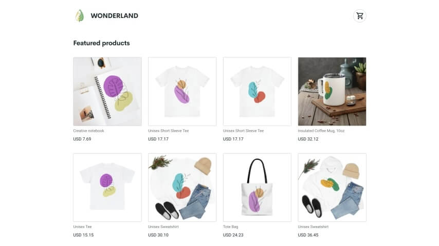 Example Printify Pop-Up storefront with various products listed, such as shirts, mugs, and notebooks.
