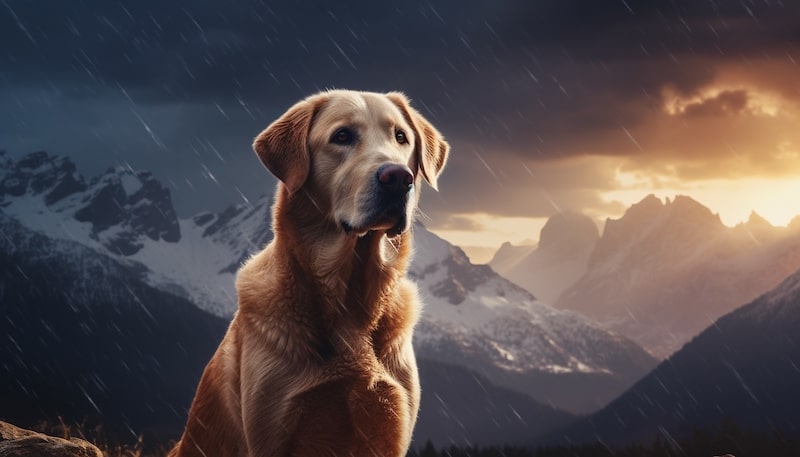 A Midjourney AI generated image of a labrador dog in the Swiss Alps, in cinematic lighting.