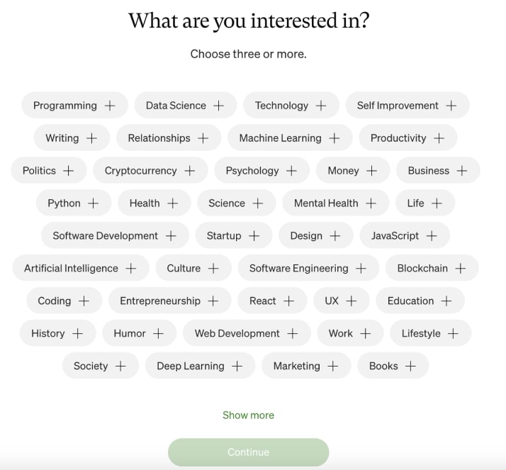 A list of Medium's niches: programming, technology, self improvement, politics, health, design, humor, culture, education, and many more.