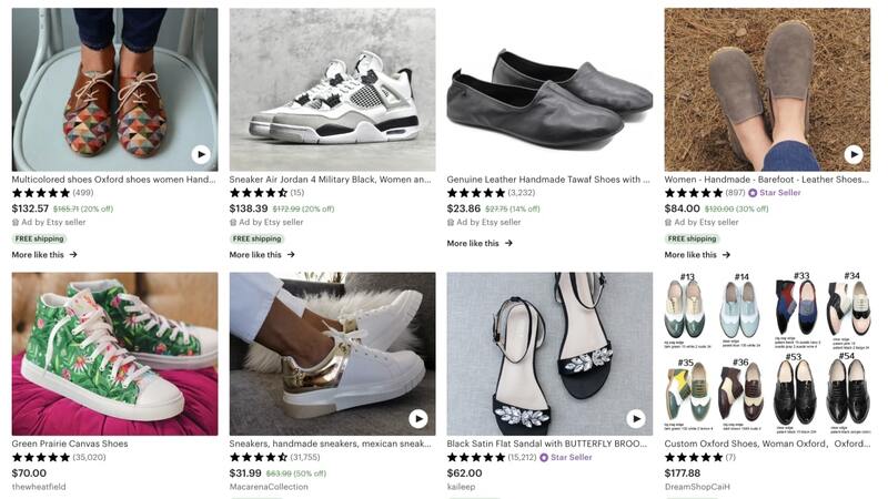 Etsy's top-rated shoe listings – multicolored Oxford shoes, flat satin sandals, sneakers, leather shoes, canvas shoes, and more.