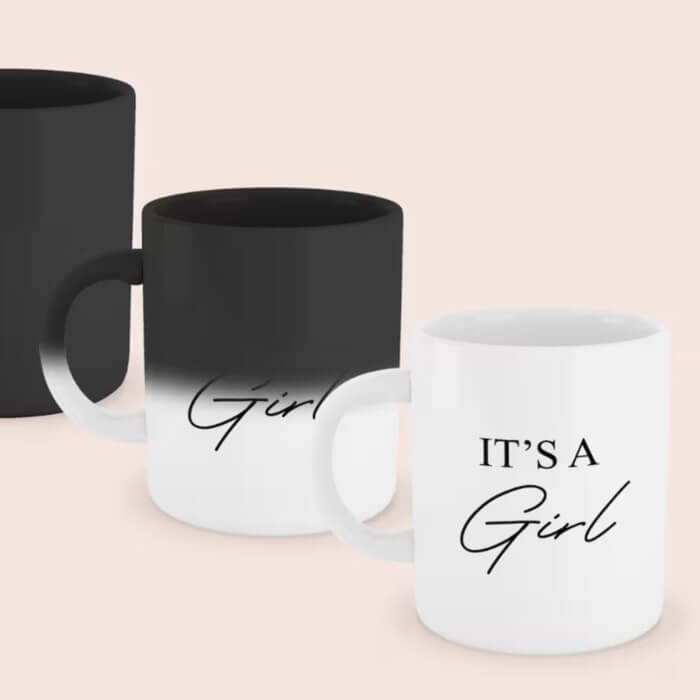 Color-changing mugs that reveal the text “It's a girl.”