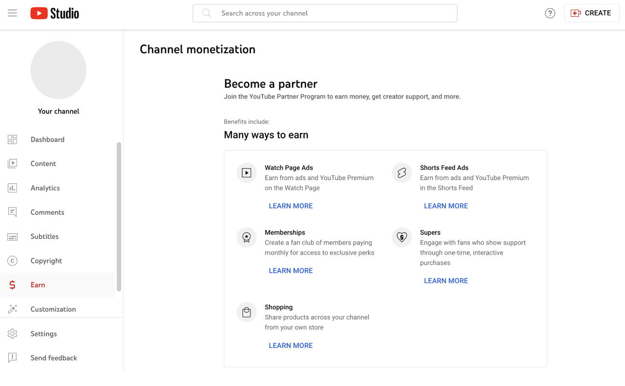A screenshot of the YouTube channel monetization page.