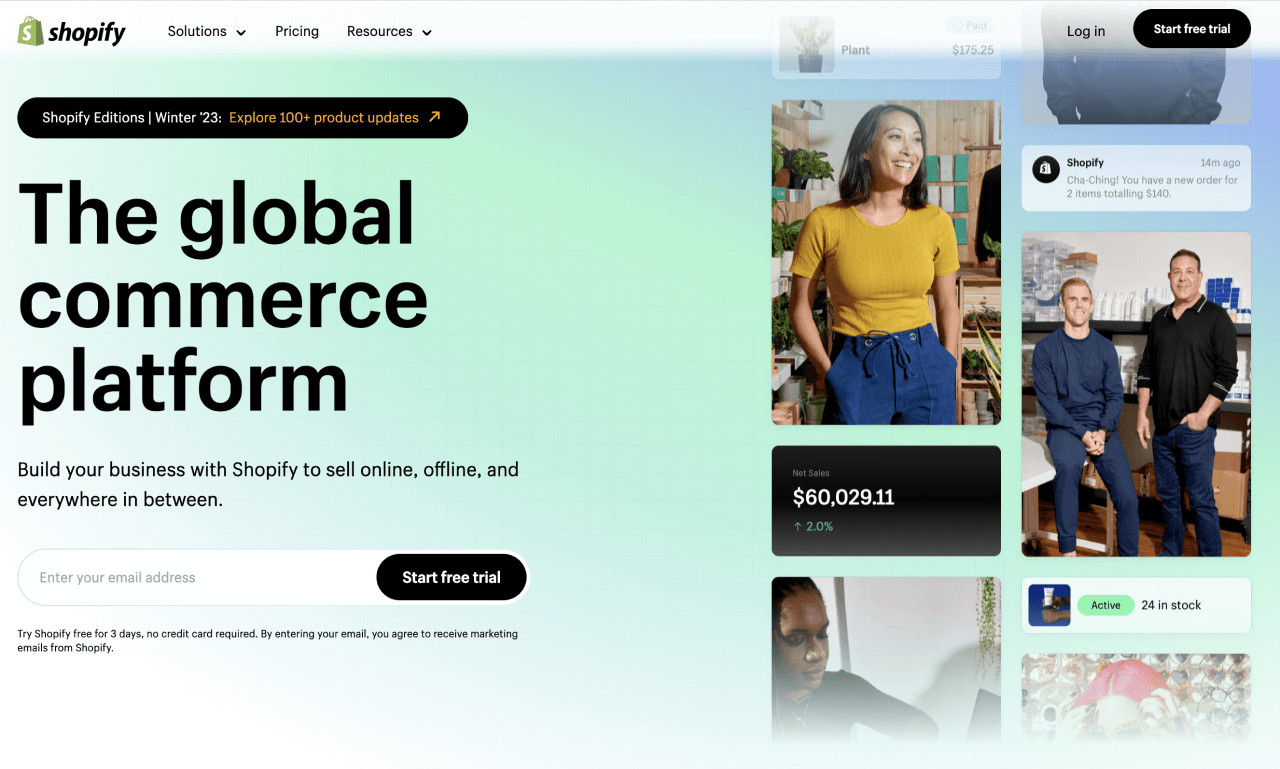 A screenshot of the Shopify homepage header.