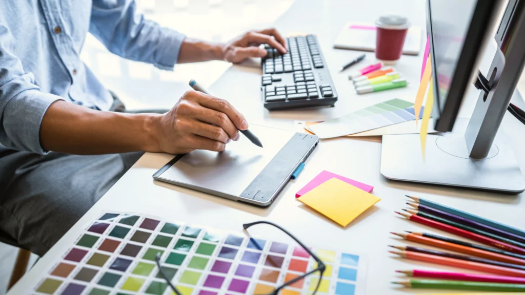 A man works on a computer, using a pen while focused on the monitor in front of him.