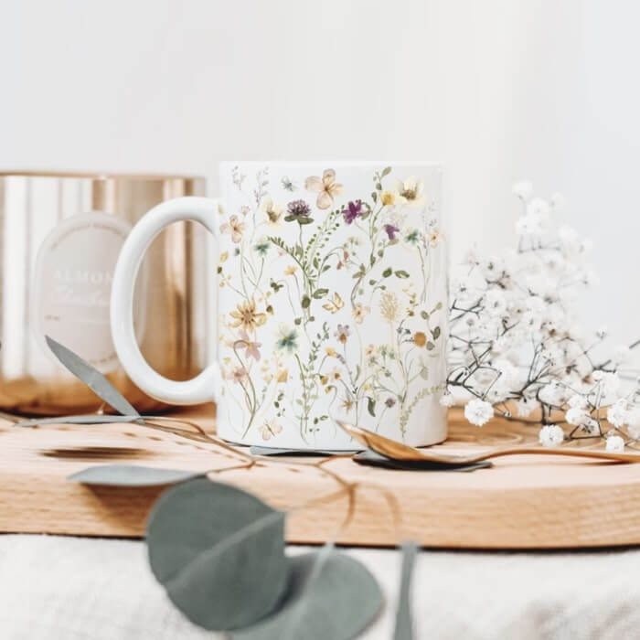 White mug with a detailed pattern of colorful wild flowers.