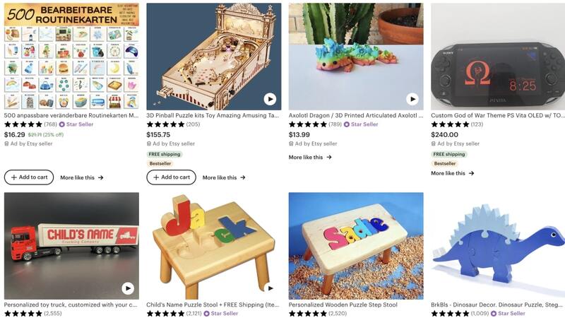 Etsy's top-rated toys and games – a pinball puzzle, 3D-printed axolotl toy, personalized toy truck, and various other puzzles.