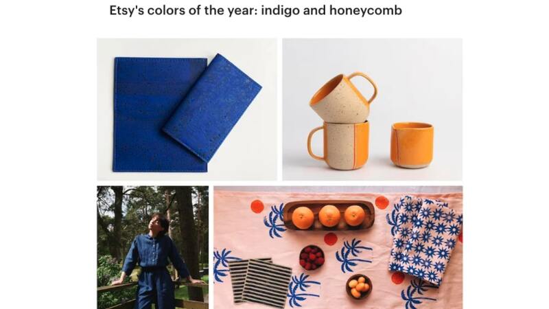 Examples of Etsy's colors of the year: indigo blue and honeycomb orange.