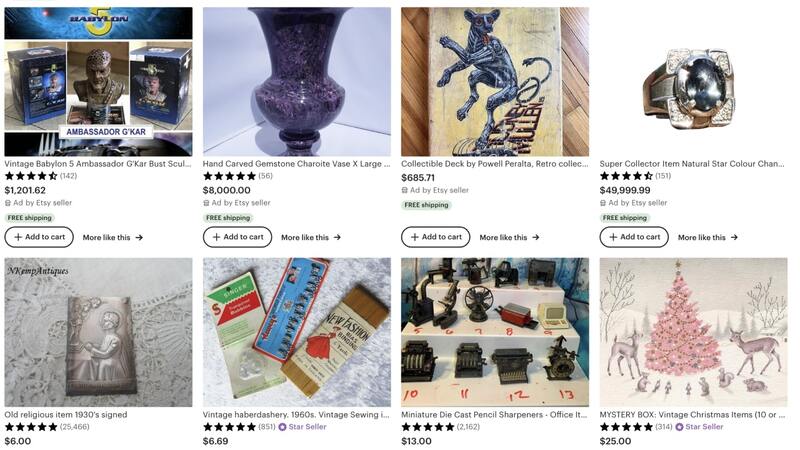 Etsy's top-rated vintage items – a hand carved gemstone vase, retro card deck, a vintage ring, vintage sewing kits, Christmas cards, and more.