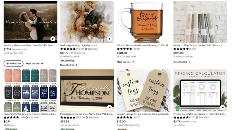 Etsy's top-rated wedding items – digital wedding paintings, coffee mugs, can coolers, name signs, tags, and planners.