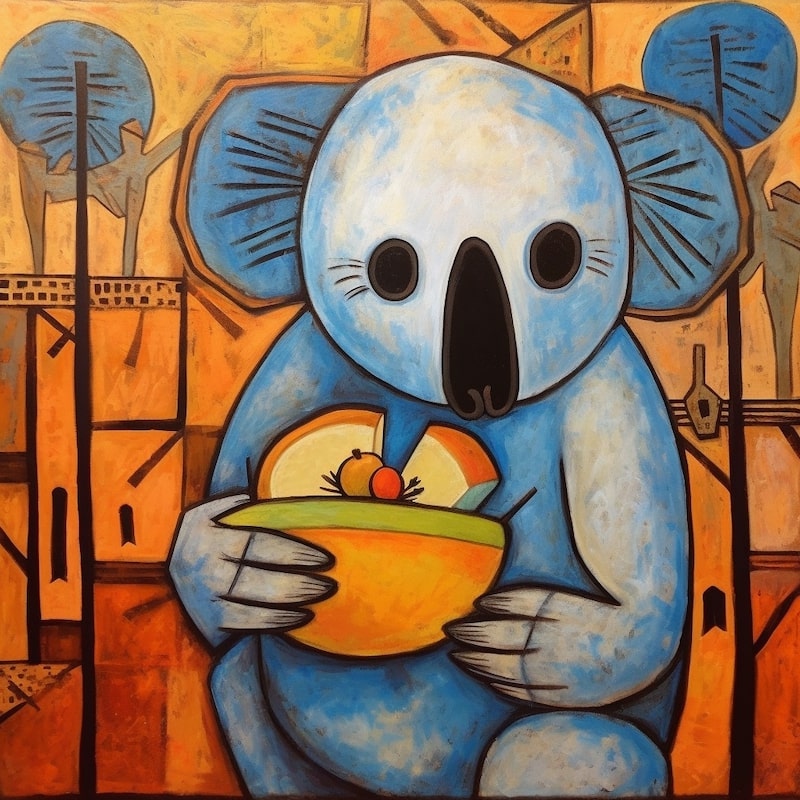 A Midjourney AI generated image of a koala eating mango in the Sahara desert in the style of Picasso.