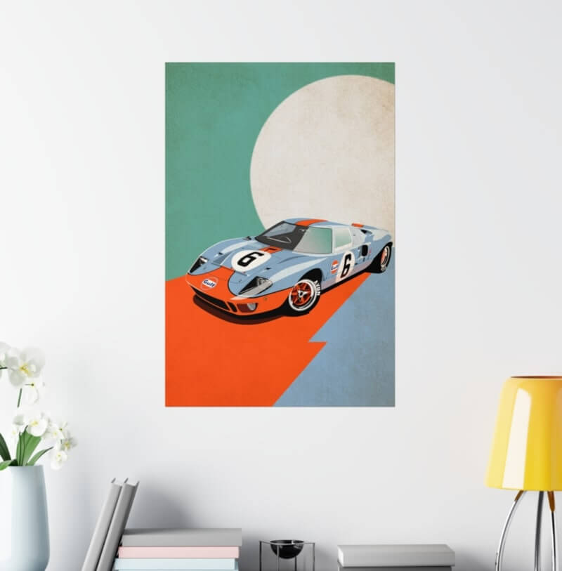An image of a custom canvas print of a sports car hanging on a wall.