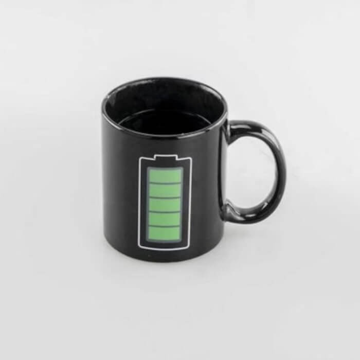 Magic mug with a design of a phone battery symbol.