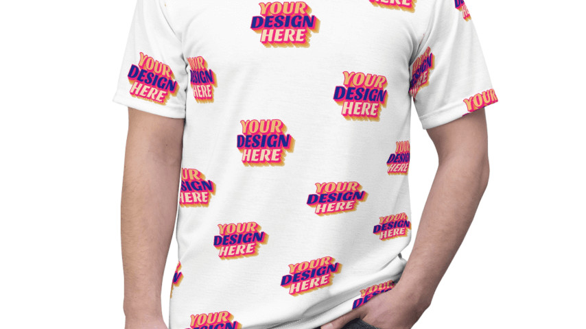Man wearing a white t-shirt with an all over print pattern of “Your Design Here” placeholders.