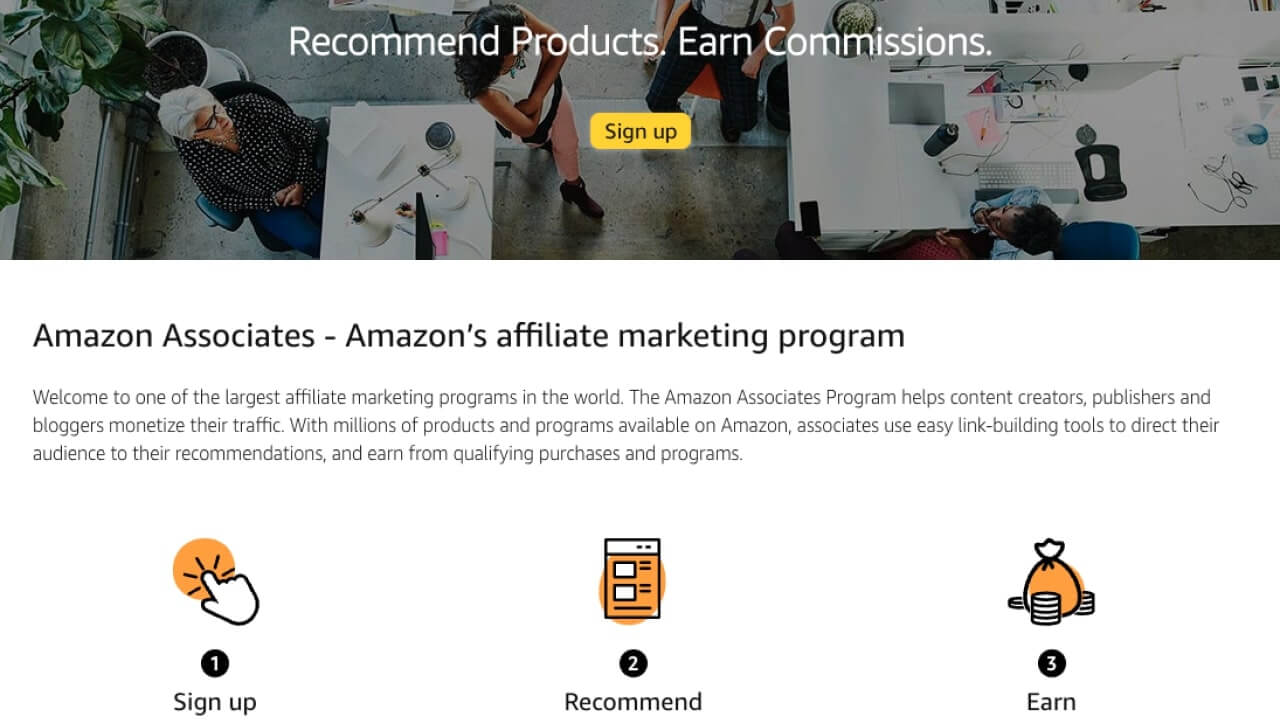 Amazon Associates – Amazon's affiliate marketing program banner with the tagline “Recommend products. Earn commissions.”