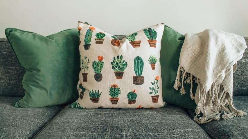 Light couch cushion printed with a pattern of different succulent plants.