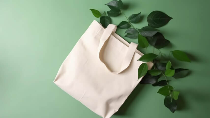 Organic white tote bag on a green background next to some leaves.
