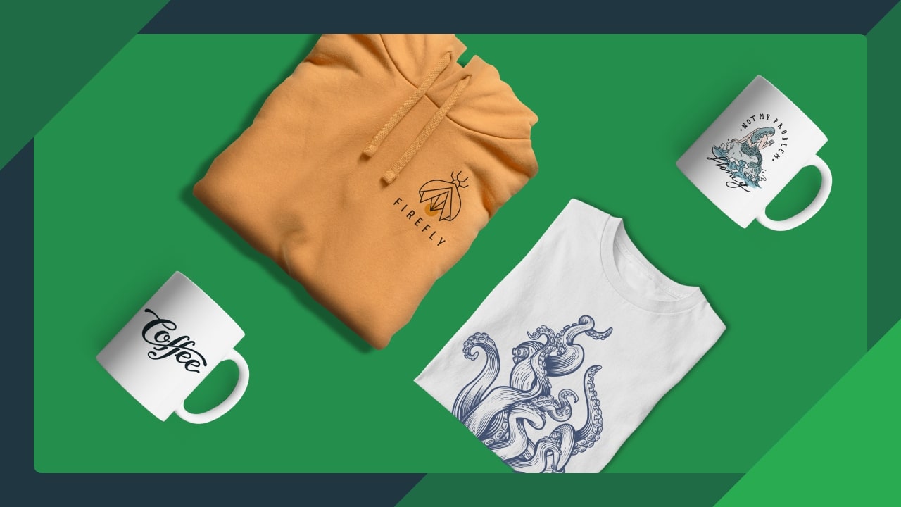 An array of various print-on-demand products – two mugs, a hoodie, and a t-shirt.