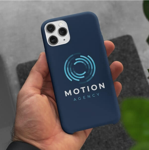 Blue phone case with a logo of various circles and the company name “Motion Agency” written underneath.