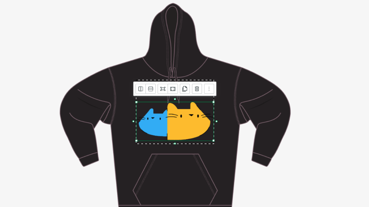 Printify's Mockup generator showing and example of how a design can be applied and modified on a hoodie.