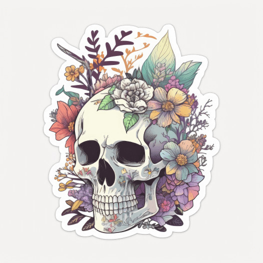 Die-cut sticker of a skull surrounded by various flowers and plants.