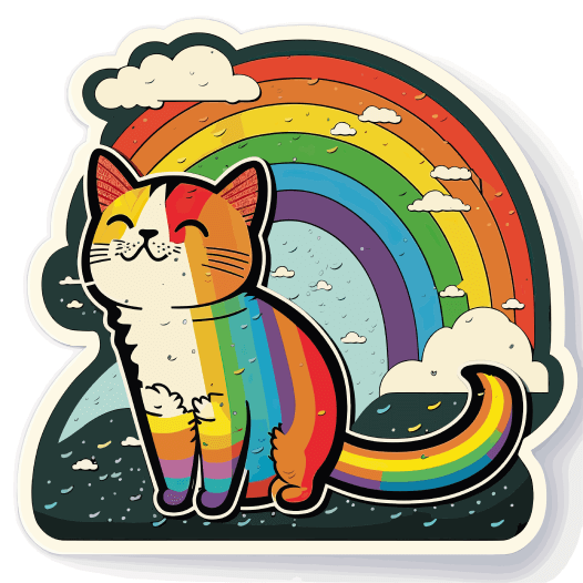 Die-cut sticker of an orange cat surrounded by rainbows.