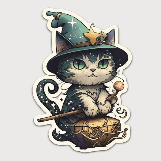 Kiss-cut sticker of a cartoon cat wearing a witch's hat and holding a cat toy that looks like a witch's staff.