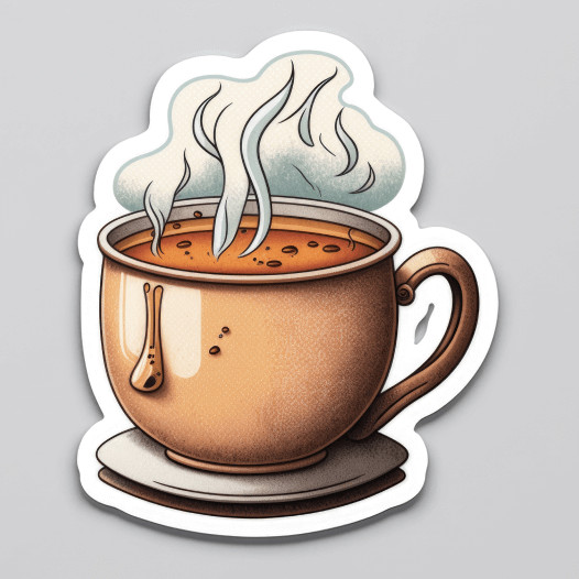 Kiss-cut sticker of a mug filled with steaming, golden liquid.