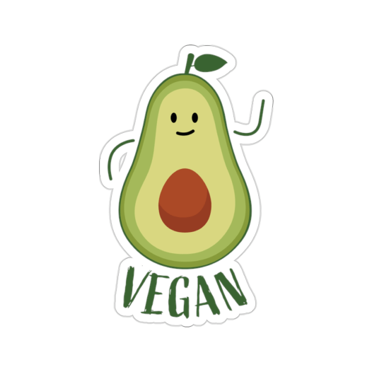 Kiss-cut sticker of a smiling cartoon avocado with the word “vegan” underneath.