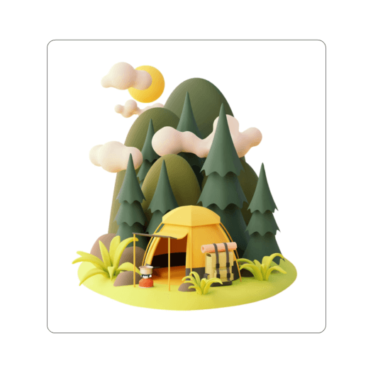 Kiss-cut sticker of a camping settlement with a tent and mountains with a forest in the background.