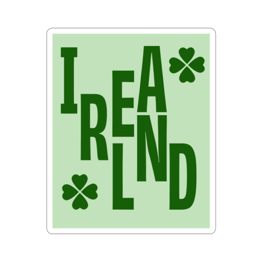 Kiss-cut sticker of the text “Ireland” surrounded by small clover leaves.