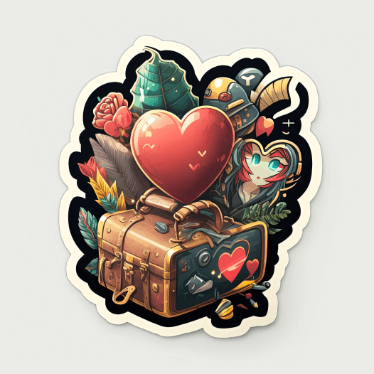 Kiss-cut sticker of a fantasy traveler's suitcase surrounded by hearts and various items.
