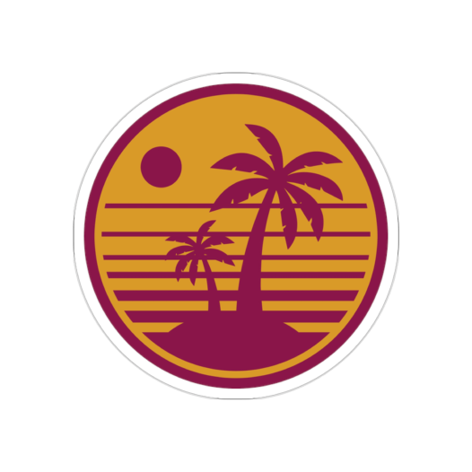 Round red and orange kiss-cut sticker of an island with palm trees and horizontal lines representing a sunset.